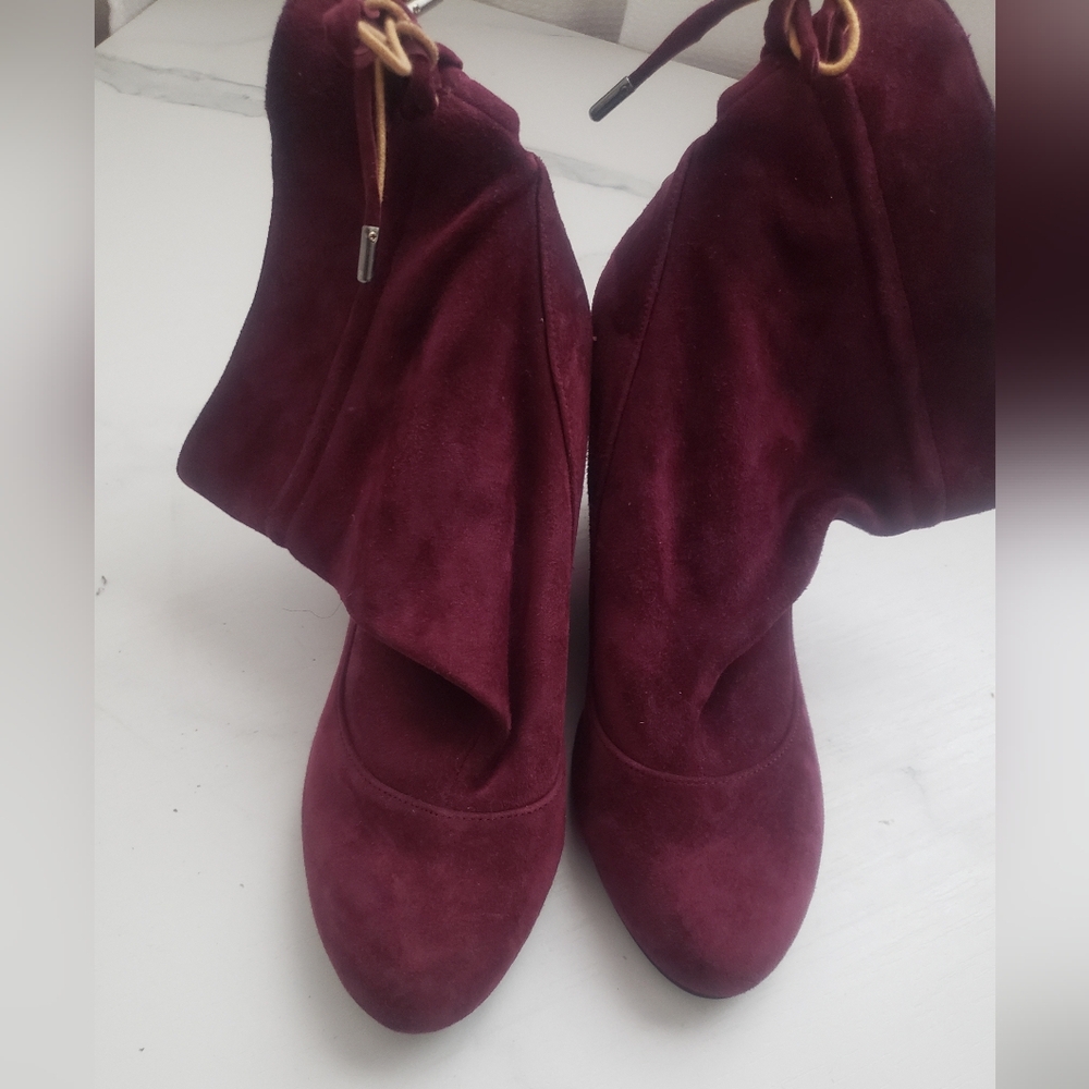 BCBG Generation Maroon Suede Wedge Lace Booties~ Size 6